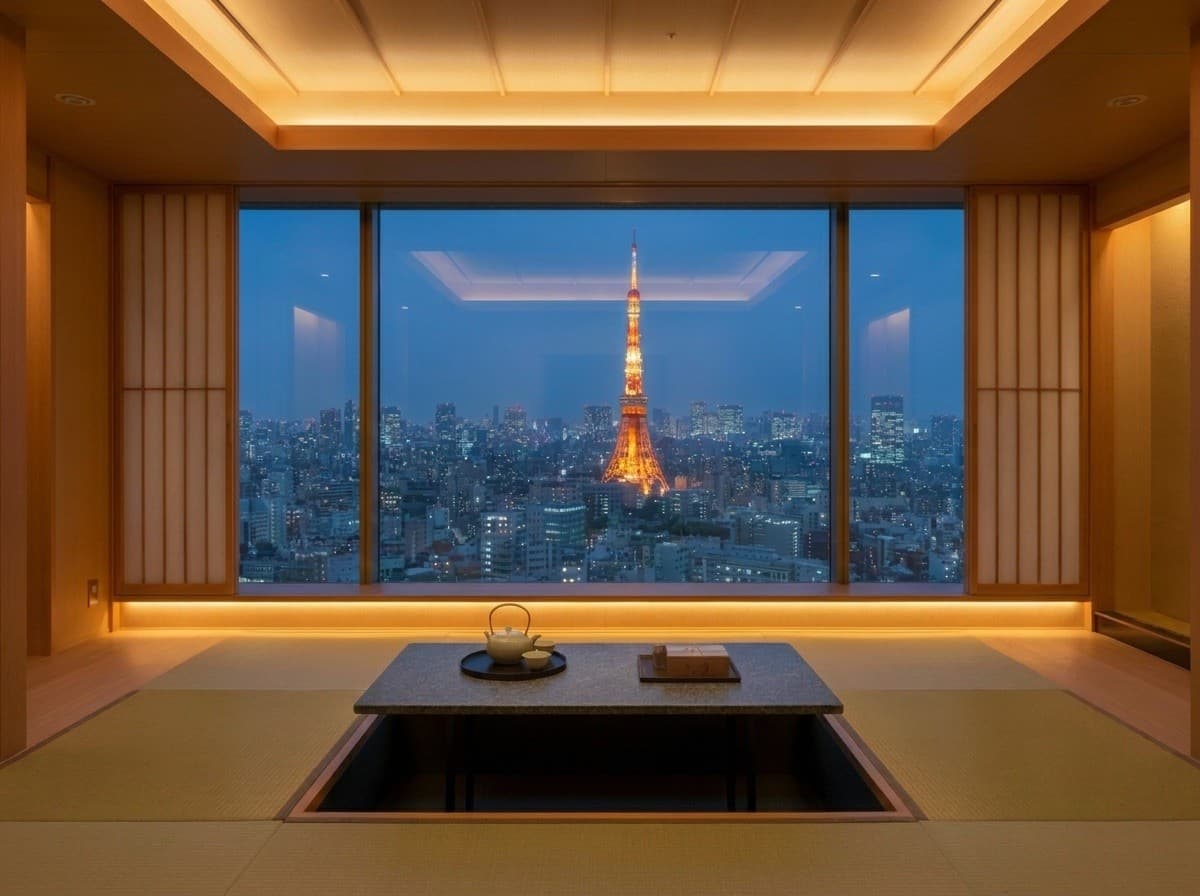 A tatami room in Tokyo at twilight, Tokyo Tower framed in a floor-to-ceiling window above a low table set for tea.