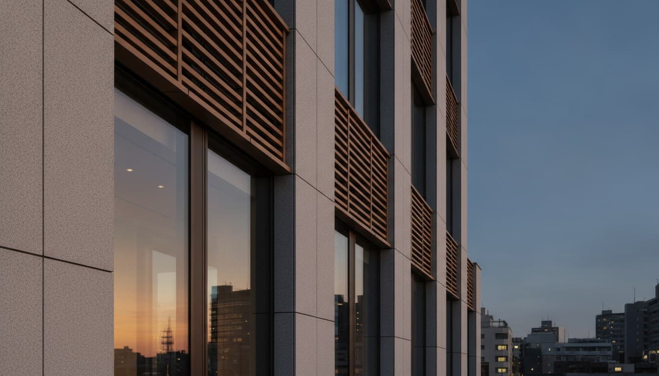 A contemporary Tokyo building detail catching warm champagne light against a deep twilight sky.
