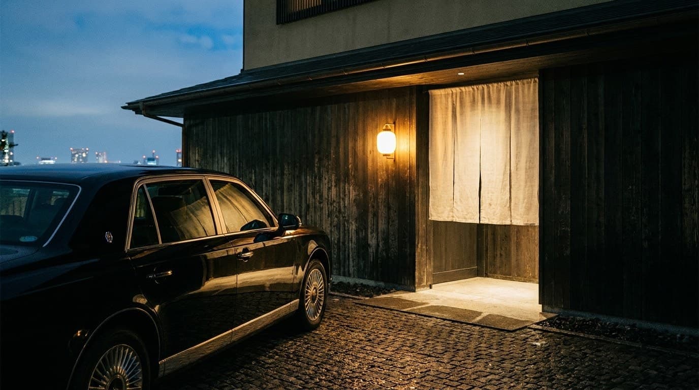 A discreet night arrival in Tokyo — a chauffeured car waiting at a lantern-lit private entrance.