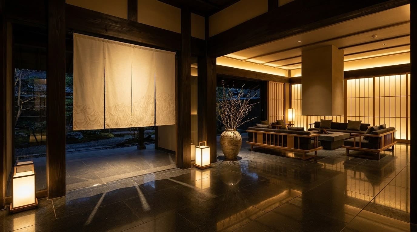 The genkan entrance of an exclusive ryokan at night, a noren curtain under warm lantern light.