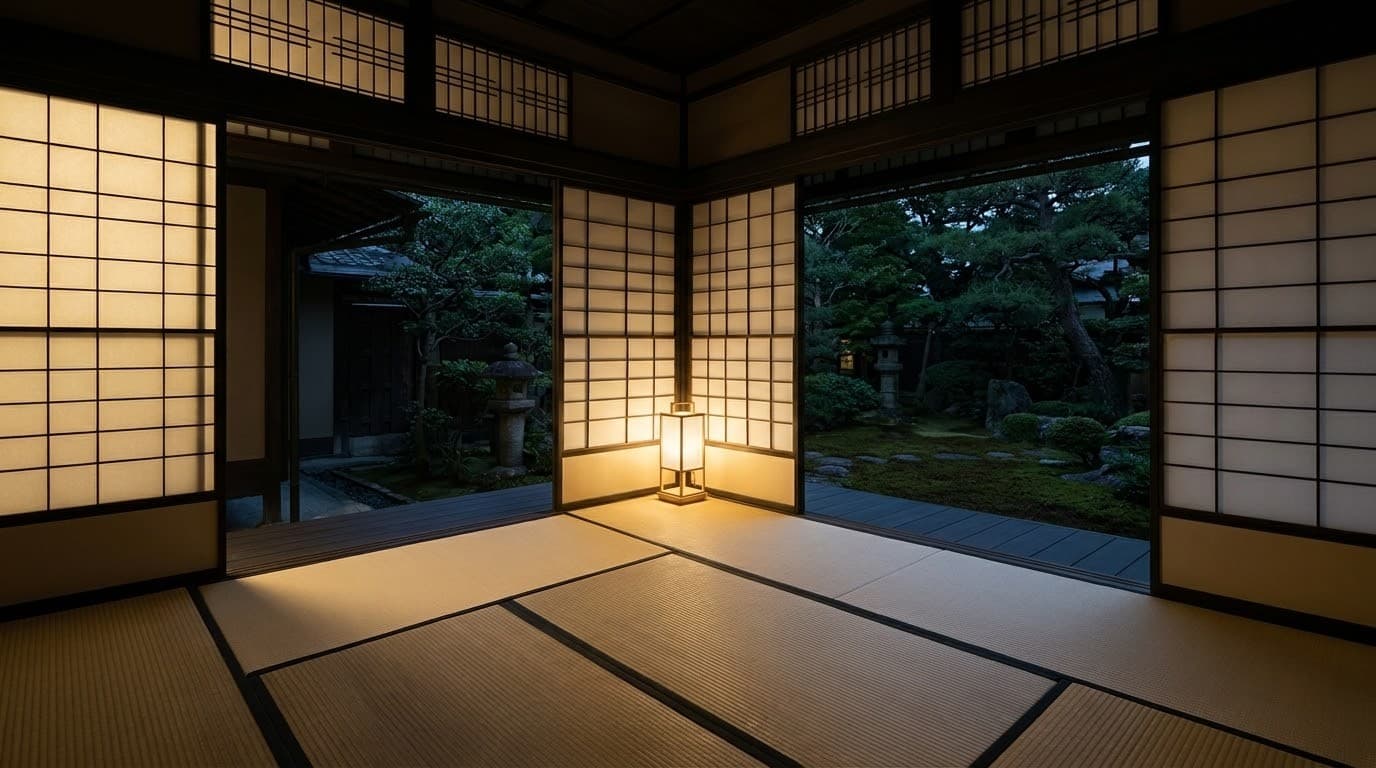 A detached tatami annex (hanare) at dusk, shoji screens glowing softly, opening onto a dark garden.