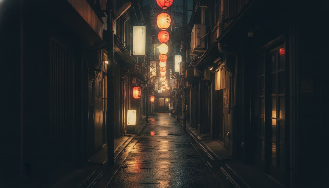 A narrow Tokyo back-alley (yokocho) after dark, red paper lanterns glowing over wet stone.