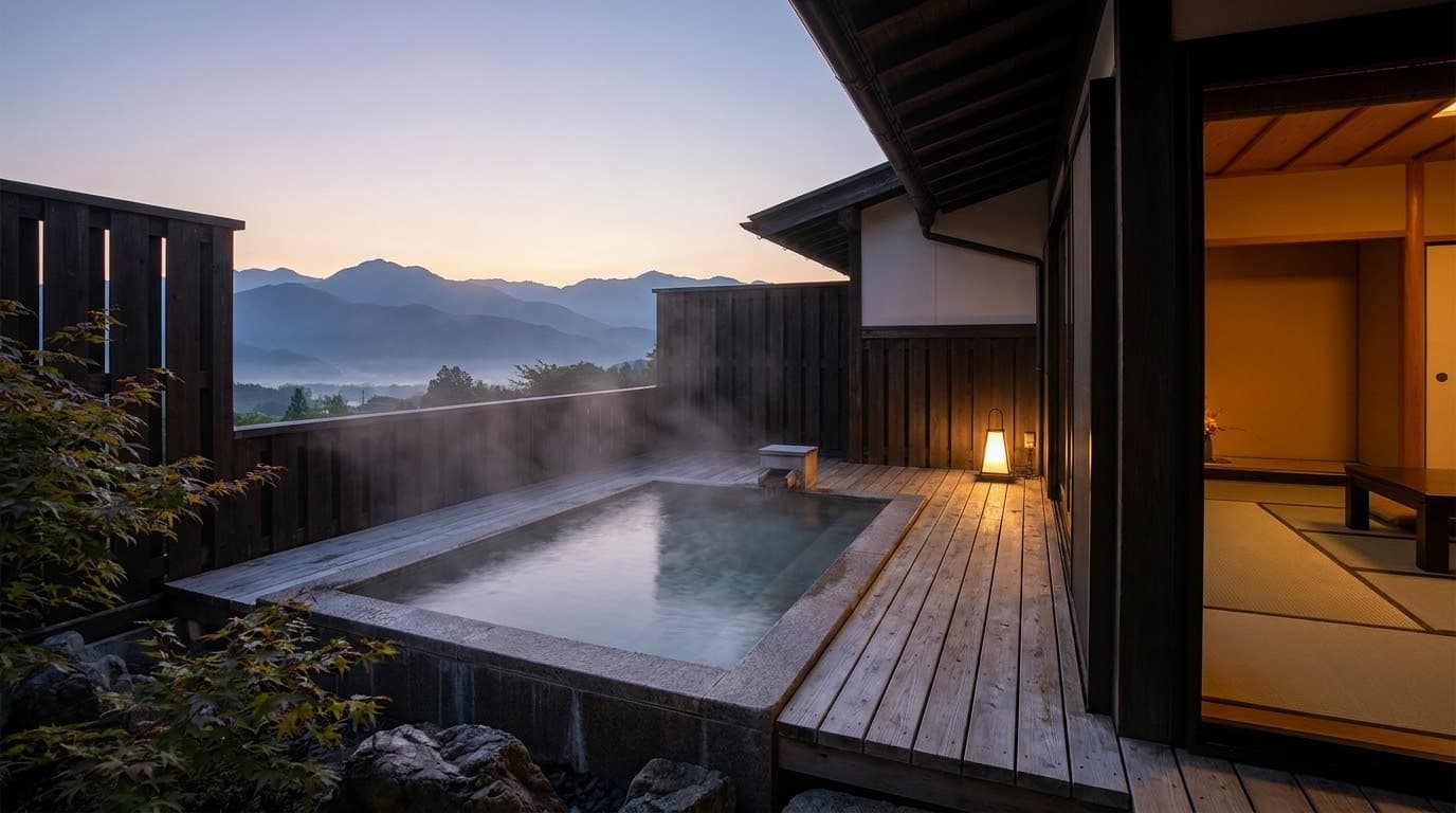 A private open-air ryokan bath at dawn, steam rising, a silhouetted mountain range under a soft blue sky.