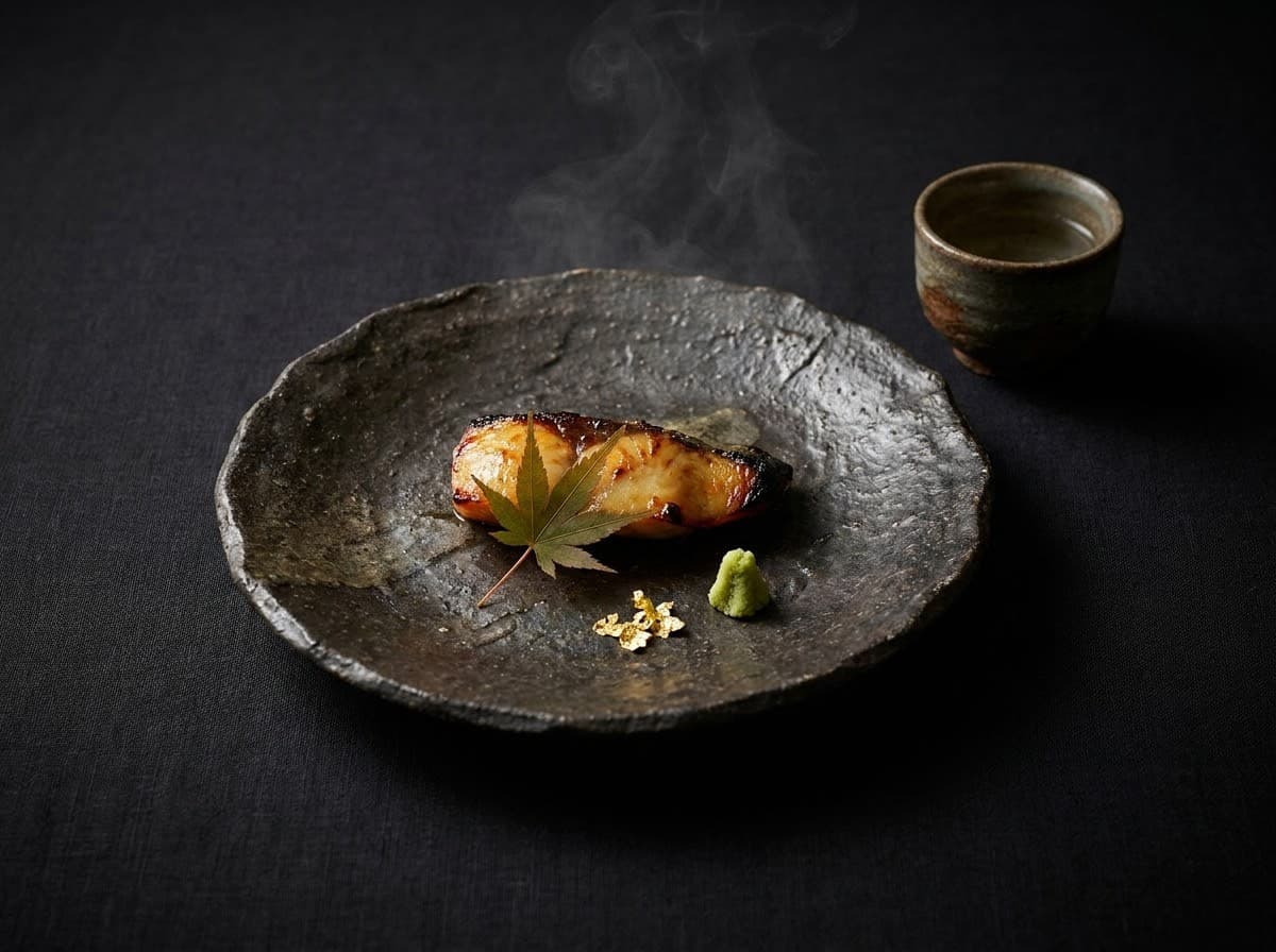A kaiseki course plated on dark ceramic under dramatic, focused light.