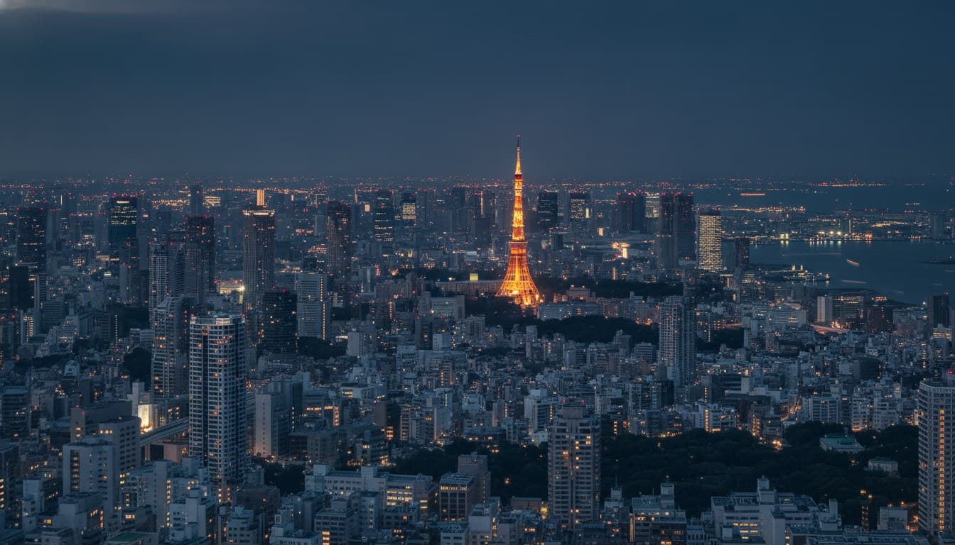 A wide view of the Tokyo skyline at blue-hour twilight, the city glowing amber to the horizon.