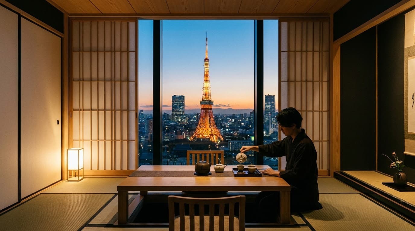 A tatami suite at twilight, Tokyo glowing beyond a floor-to-ceiling window over a low table set for tea.
