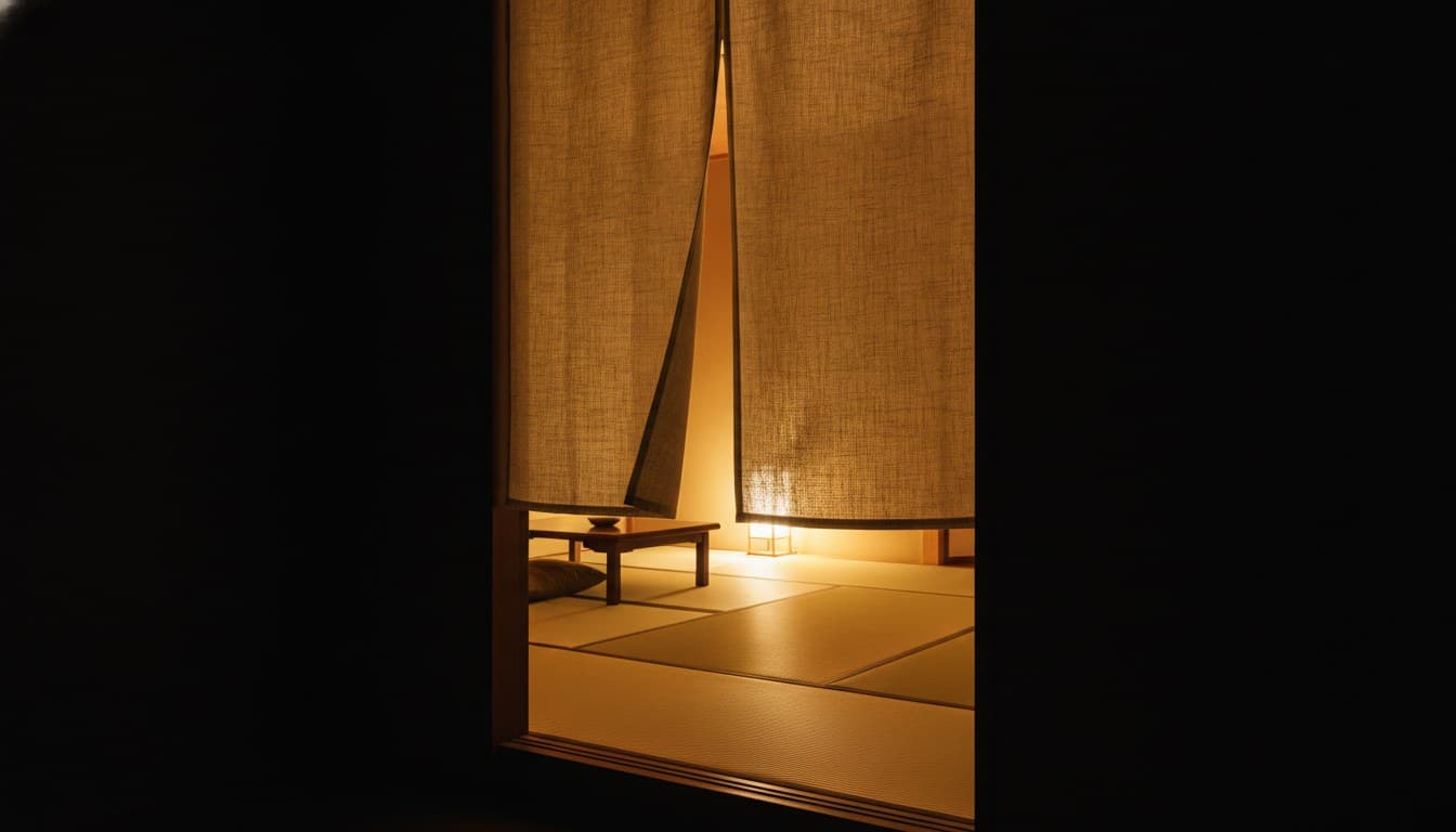 A noren curtain parted at a private threshold, a warm lamplit tatami room waiting beyond.